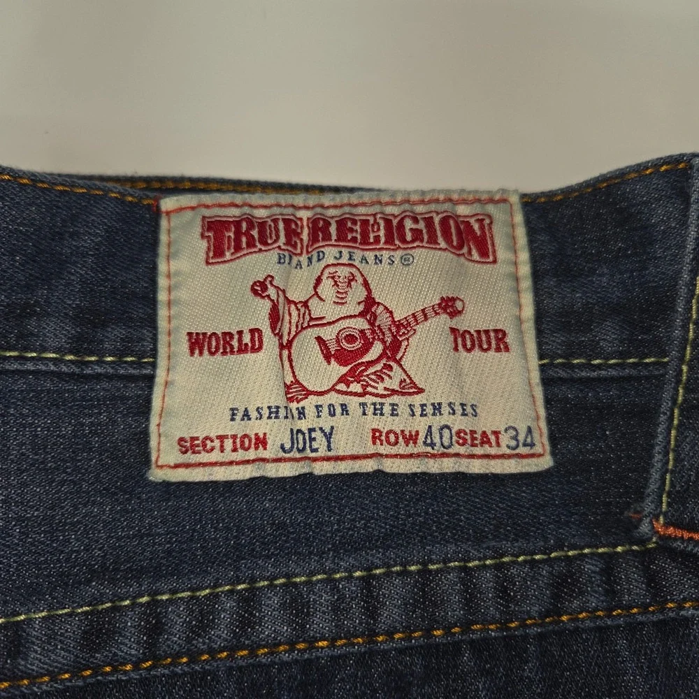 True Religion Joey Jeans Mens 40x34‎ Embroidered Dragon Distress Flare Y2K USA